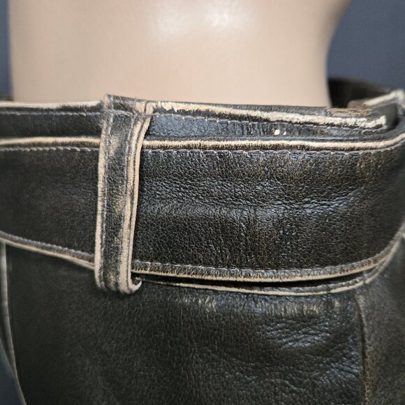 Y2K Brown leather Mini Skirt Size M Belted Zip Front Distressed Lined - Picture 7 of 10